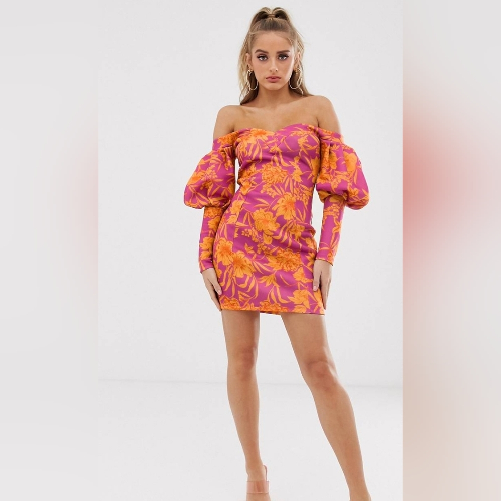 ASOS Pink and Orange Floral Off-Shoulder Mini Dress